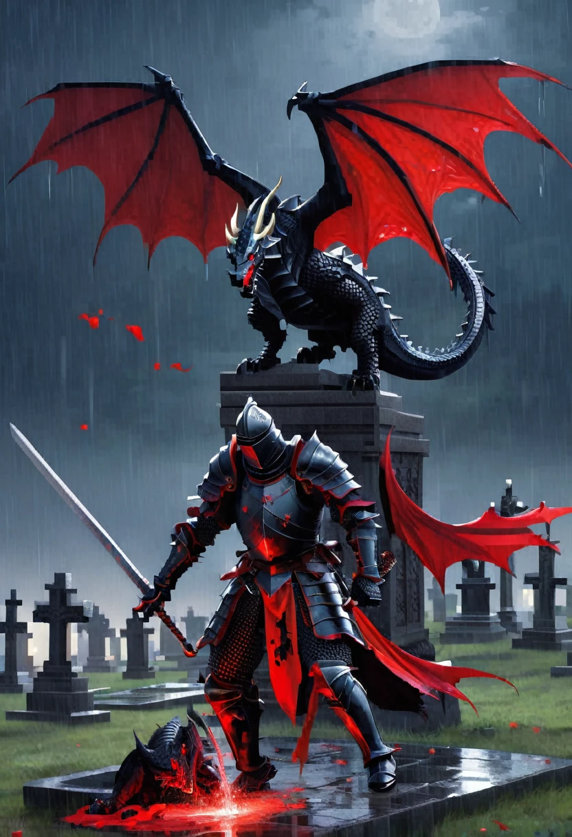gothic black knight injured fighting red dragon in the cemetery in the night raining