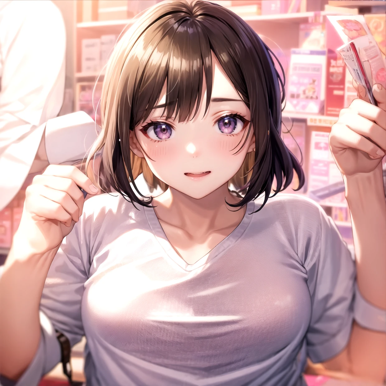 White clothes、See-through、Pink underwear、Face fixed
