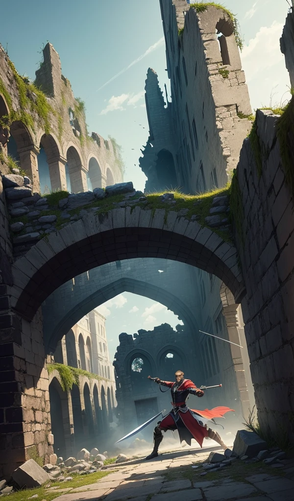(anime style, high detail, dynamic composition, the final showdown between Blade and Dracula, intense swordplay, dramatic angles, high stakes, ruins of a gothic castle in the background)