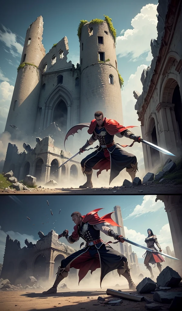 (anime style, high detail, dynamic composition, the final showdown between Blade and Dracula, intense swordplay, dramatic angles, high stakes, ruins of a gothic castle in the background)