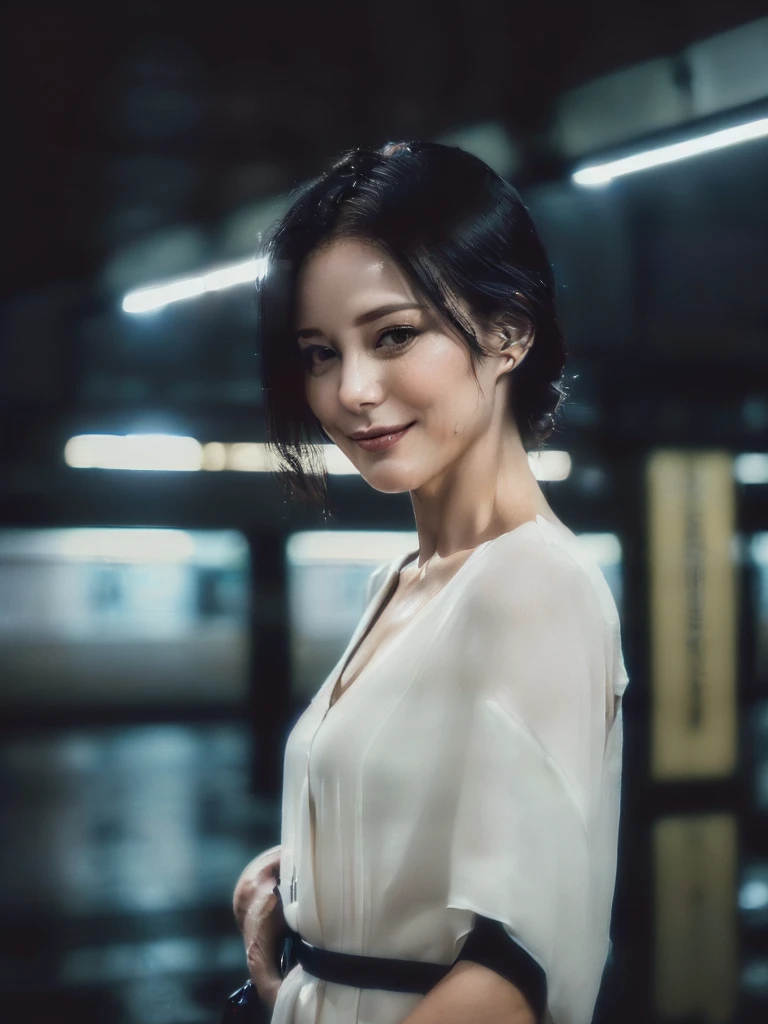 (((A very realistic, frontal, close-up, American shot of an actress taken by a professional photographer, very Seductive pose, 32k, 7 heads、looking at viewer, Staring Intently :1.5))),(A pure white, extremely thin fabric business short-sleeved open-neck shirt with a wide V-neck, Soaking wet:1.4)。((Highest quality)), ((masterpiece)), (((detailed))), (midnight ,A modern train station platform in Tokyo on a dark, pouring, stormy night, Low Key Lighting:1.6)、(((A very beautiful, extremely elegant and intelligent 39-year-old Japanese woman。Very intelligent, with a goddess-like face and figure。An extremely elegant, calm and modest smile, Being drunk、My eyes are quite watery、I'm very horny、embarrassed ,blush, Curvy Body、Extremely realistic, detailed and beautiful facial depiction:1.9)))、(((A short, well-groomed, shiny black haircut。The skin is white and very smooth。A very hot rainy summer night、I'm pretty sweaty、My clothes were soaking wet and transparent、When wet, it sticks perfectly to your skin, revealing your beautiful body lines.、Through the extremely thin fabric, her skin and her navy blue, lacy, high-end underwear are clearly visible.:1.9)))。(((A simple and elegant business pencil skirt in a plain navy blue knee-length,The clothes fit the body very well:1.8))), (Healthy Body、The line of the chest, collarbone and décolletage are extremely beautiful.:1.9)。She is looking straight at the camera with a very shy look on her face.。Light makeup and no piercings,A simple and modest pearl necklace、(((large hips、large chests )))