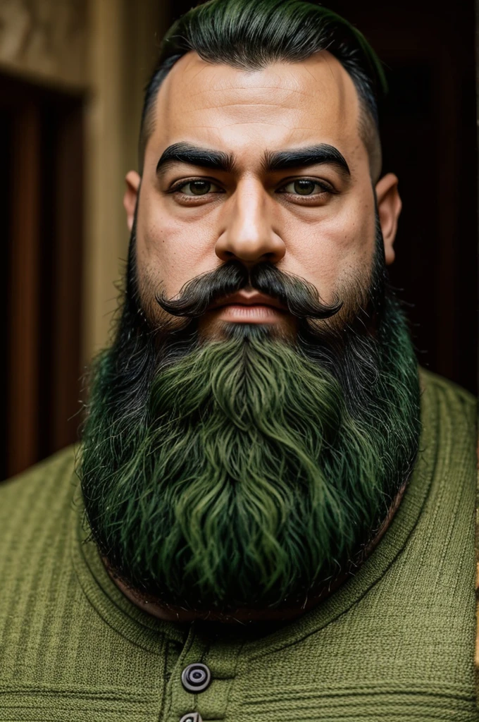 A Bhytle doll man with thick lips with few eyebrows and green beard