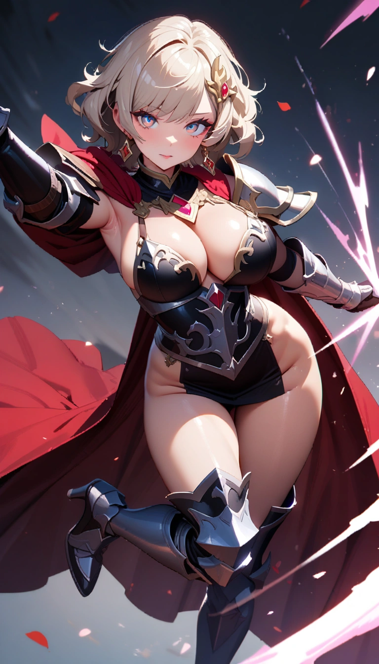 NSFW,{1girl,citrinne \(fire emblem\),fire emblem),fire emblem},short hair,aged up, Super detailed, masterpiece, absurd, high resolution, very aesthetic, (anime, masterpiece, complexity: 1.3),(Top Quality, High Texture, (4k), (Incredible Detail: 1.4), Full Body, Shiny Skin, Bangs, Cool Face, (Perfect Eyes), (Detailed Eyes), (Shining Eyes), Beautiful Eyes, Bright Eyes, Cross Earrings, black revealing knights armor, pink Carving, red Cape Fluttering in the Wind, Highly Detailed Armor, Beautifully Made Armor, Gauntlets, , black Mini Skirt with pink Decoration, Zettai Ryouiki, Big Breasts, Deep Cleavage, Side Boob, Windblown Hair,Fluffy Waist, Thighs, High Leg panties, Knee High Socks, Armored Boots, High Heels, Dynamic Pose,black panties,