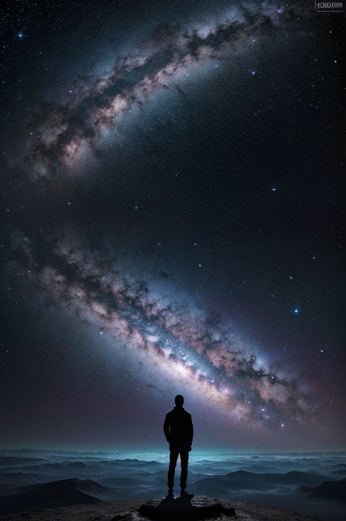 Here is a prompt for an image generator for a book cover with the title "THE UNIVERSE WITHOUT TIME":

**Background:**

* Deep space nebula with swirling colors (blues, purples, pinks)

**Foreground:**

* A lone human figure (silhouette) facing the viewer, gazing upwards
* In the distance, silhouettes of various alien creatures from different species 
* A faint, swirling vortex representing the Big Bang in the background

**Text:**

* Title: "THE UNIVERSE WITHOUT TIME" in a bold, futuristic font with a slight glow

**Additional elements:**

* Scattered throughout the background, include faint ruins or structures hinting at ancient civilizations from different eras
* Consider including a subtle clock face shattering or dissolving, symbolizing the absence of time

**Style:**

* Blend of realism and fantasy, with a focus on a sense of awe and mystery

**Optional details:**

* You can experiment with the position of the human figure - standing on a desolate planet, floating in space, etc.
* Feel free to add a few stars or celestial bodies for depth.

**Remember:**

* Emphasize the vastness of space and the contrast between the human and

Rough 