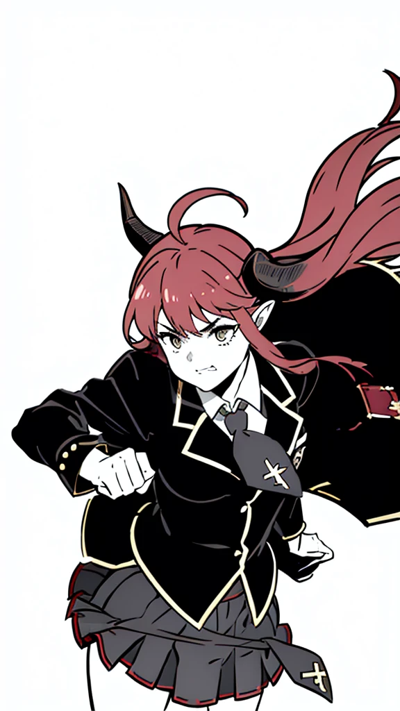 1girl ,20s,angry face,red hair,long hair,(white background, line drawing),horns,necktie,black jacket, blazer,long sleeves, skirt,pleated skirt,((upper body))