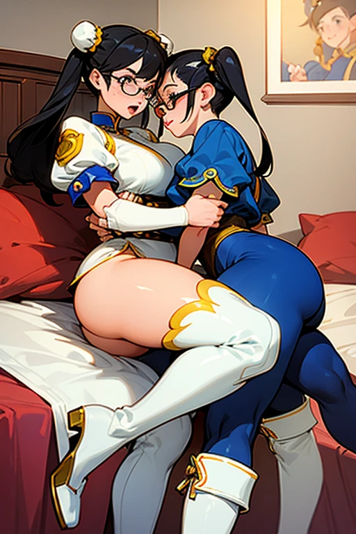 Two chubby girls with glasses and black hair and freckles dressed as Chun-Li wearing white boots make love in their room.