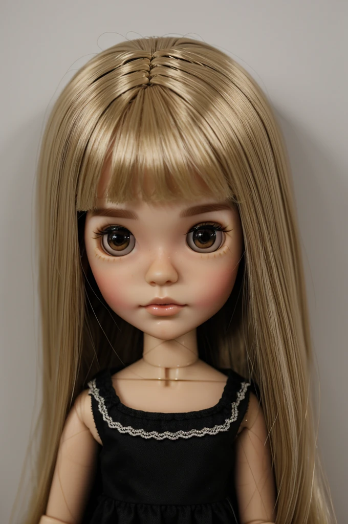 blythe doll with straight, black and medium hair with light blonde, with brown eyes, angel face