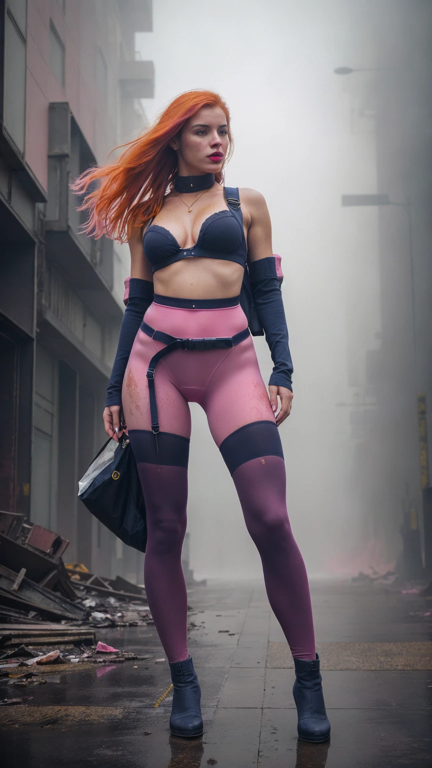 Fine art photography, image of completely filled (foggy),(dynamic camera), a cyborg girl(with freckles, fiery orange-hair(messy hair), humanoid girl), amidst a futuristic abandoned city. determination and mystery face expression.
As asymmetric pose(she holding a plastic bag, backpack), (tight, large cleavage, higlegs-cut, backless, cutouts in chest area, very plunged thong)space uniform, tigh-highs, combat boots. in sheer hosiery.
((A shroud of MIST SURROUNDS THE futuristic abandoned-setting(Intricate detailed of background, intricate city, intricate technology, abstract background, background rich in details))). Sad atmosphere, oppressive atmosphere, Posing in elegant form(with one hand delicately taking the backpack, while the other rests on her hip)-adding a sense of movement and life to the scene. Desaturated-colors, and a slight vignette, enhancing the fine-art aesthetic. The image features a faded film quality, grainy textures, (((Oil painting in a pink/black /Navy Blue-monochrome theme, with accents in Yellow colors))). ((CLOSE UP SHOT, WITH BOLD PINK LIPS))
