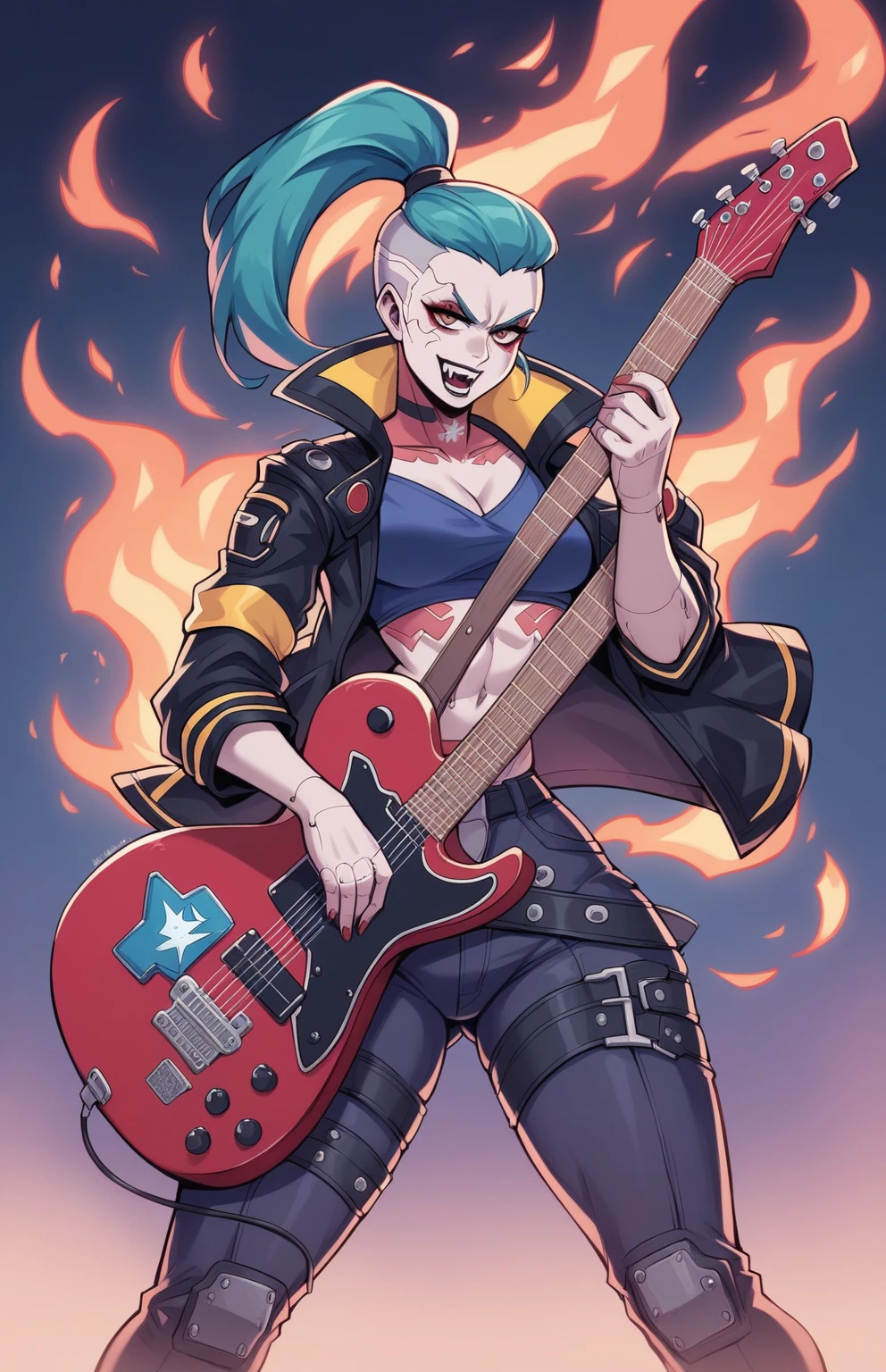 arafed woman in leather outfit playing a guitar in front of a fire, heavy metal style, seductive cyberpunk dark fantasy, urban fantasy style, artgerm moody photography, wojtek fus, heavy metal art style, cyberpunk angry gorgeous goddess, female vampire warrior, ig model | artgerm, heavy metal concert, in the style artgerm, guitarist