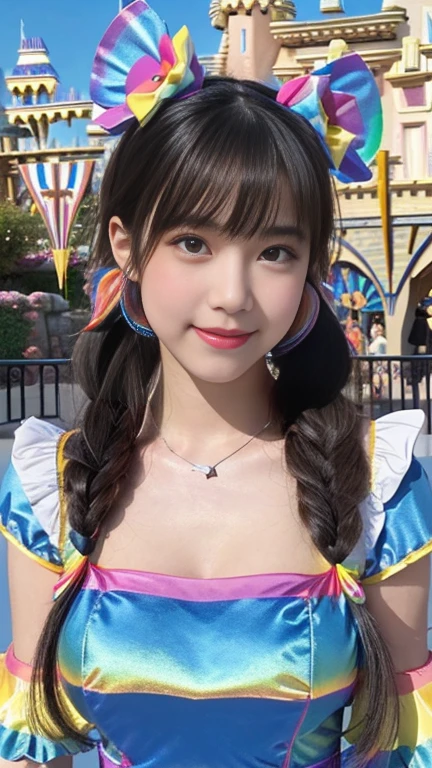 8K, (Ultra HD:1.2), (masterpiece:1.5), 1 Girl, 16 years old,High school student cosplay,Cute face, very beautiful twin tails, fine grain, Small Bust, Baby Doll Costume, (Rainbow color dress costume:1.4), (Retro Filter:1.4), (Fantasy:1.4), (Standing in front of a merry-go-round at night, Under the light:1.5), Airy fluffy soft landscape background, Ultra-realistic, Ultra-high quality cinema lighting, More information, Full HD, Perfect body,smile,150cm,skinny,View your audience,