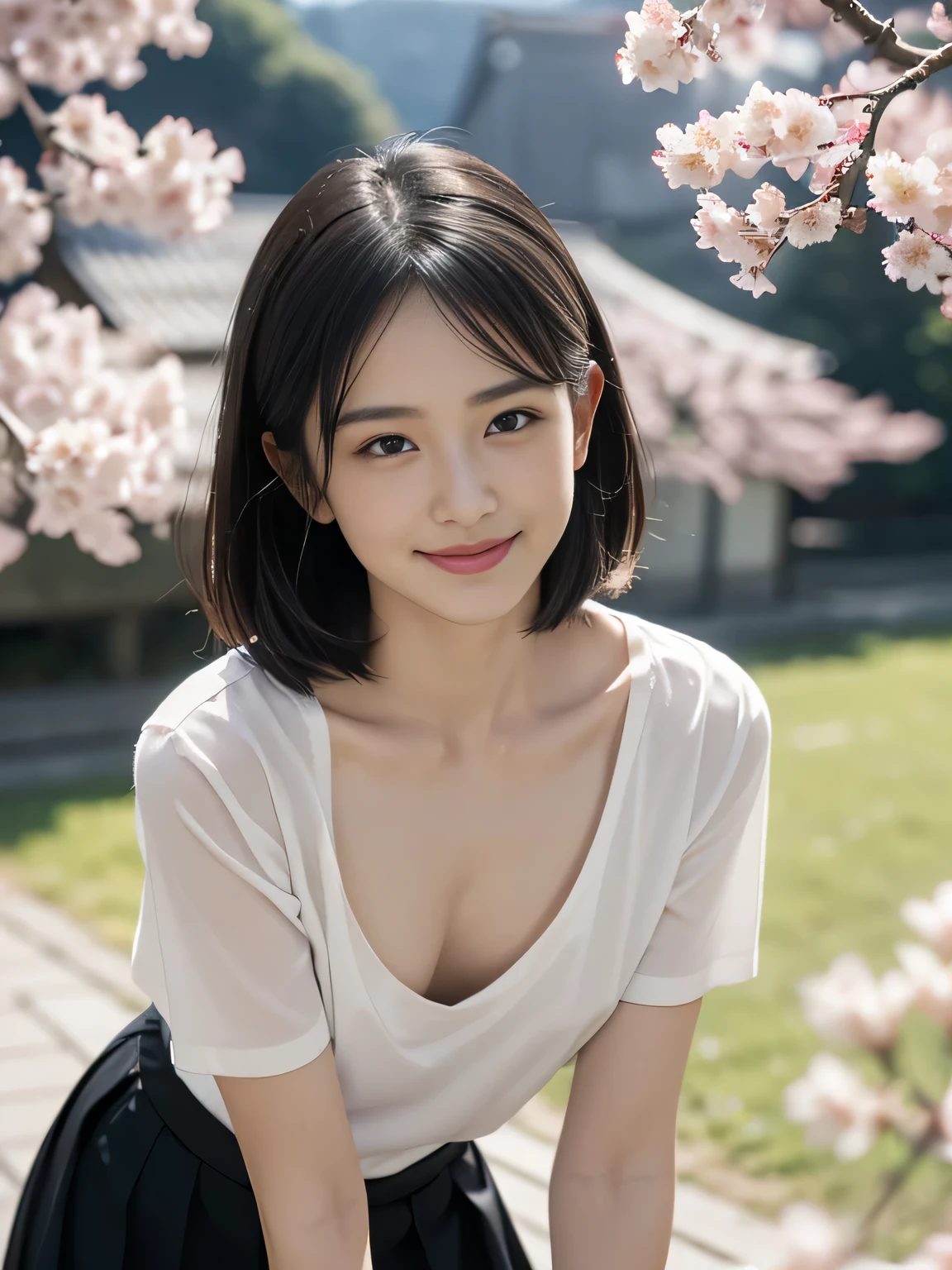 Droopwg collar, A white bra is slightly visible under the shirt,Lookwg down,Leanwg forward,(((A small valley is visible))),skirt,One girl, Lookwg_w_Audience, smile, Japan, Tokyo, Cherry Blossom, Octane Renderwg, 一人w, Very skwny, (((Black V-neck shirt))), A neat image,Mature Woman