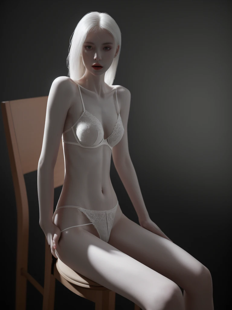 a very thin woman with visible bones, pale white skin, sitting on a chair, wearing only panties and bra, intricate tattoos covering her body,(best quality,4k,8k,highres,masterpiece:1.2),ultra-detailed,(realistic,photorealistic,photo-realistic:1.37),hyperrealistic,chiaroscuro lighting,dark moody atmosphere,dramatic lighting,cinematic,ethereal