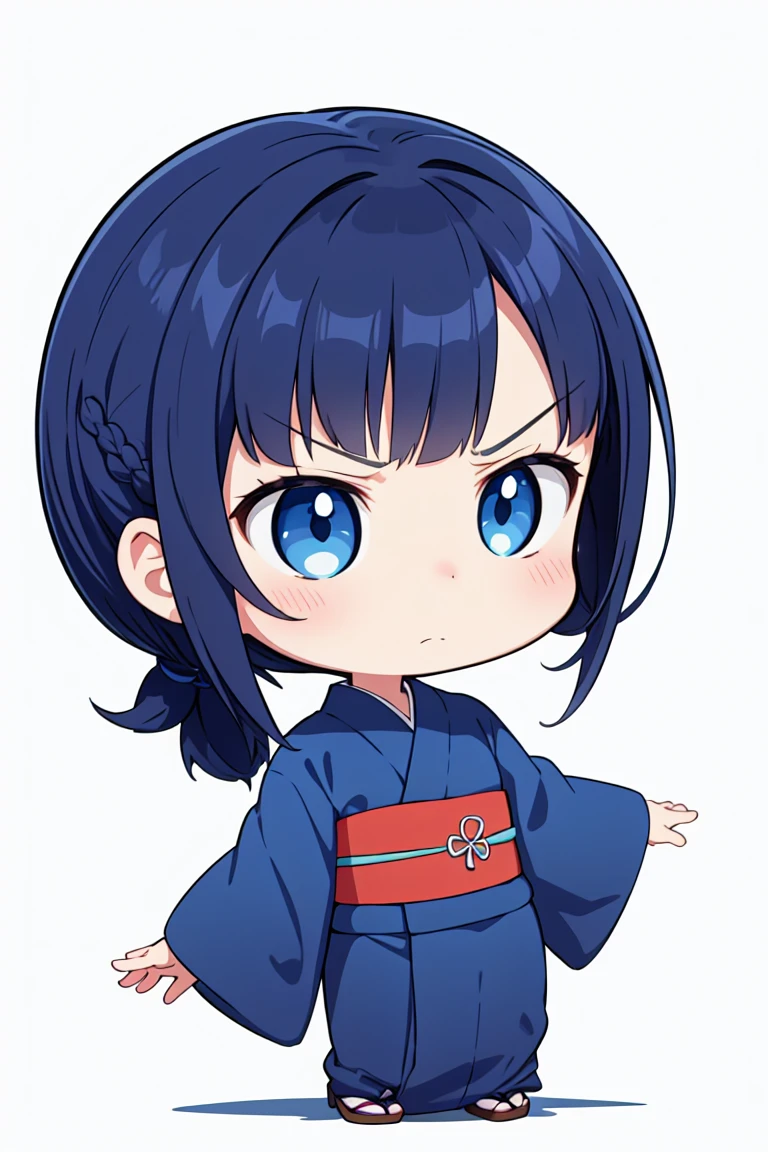 chibi, flat color, solo, full body, cute, (highest quality), blue eye, gentian blue hair, long hair, annoyed, gentian blue yukata, white background, (masterpiece)