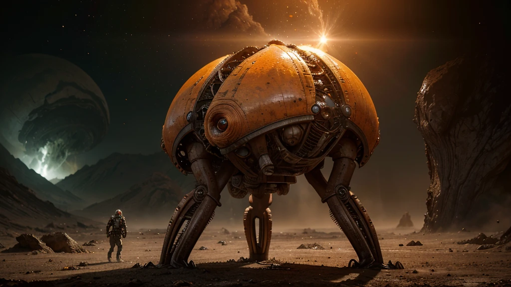 (Disgusting Intricate Alien Biology Biomechanical ALIEN Creatures)  biomechanical alien, unknown, extraterrestrial biology on unknown planet, HEAVY atmosphere with dust particles suspended in the air red - orange WITH SULFUR