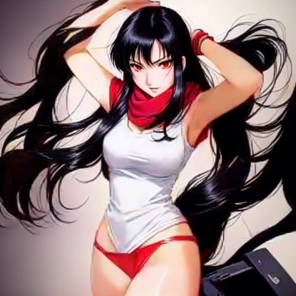 Anime girl with black hair and red scarf holding a mobile phone, miura kentaro style, miura, misato katsuragi, Hurry, Retro Anime Images, Faye Valentine from Cowboy Bebop, fubuki, 1980's anime style, Inspired by Naoko Takeuchi, Animated masterpiece, satoshi kon anime, Perfect Blue