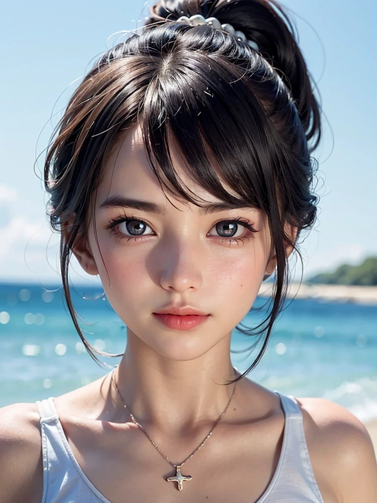 One Girl,(1人のとてもcute女の子:1.3),masterpiece,Highest quality,High resolution,Photorealistic,RAW Photos,Ray Tracing,beautiful girl,(15 years old:1.3),cute,Big eyes,(detailed pupils:1.2),(The face is facing straight ahead:1.3),Body facing forward,Beautiful nose,Fuller lips,Short black hair,ponytail,short hair,Detailed eyelashes,Thin eyebrows,Very fine grain definition,(Symmetrical eyes:1.3),(Face close-up,Face Focus:1.0),Small breasts,Short neck,White swimsuit,White Bikini,The background is the sea,Southern Island,Blue sky,White cloud,Portrait,View Viewer,Upper Body,Cinema Lighting,High resolution,Very detailed