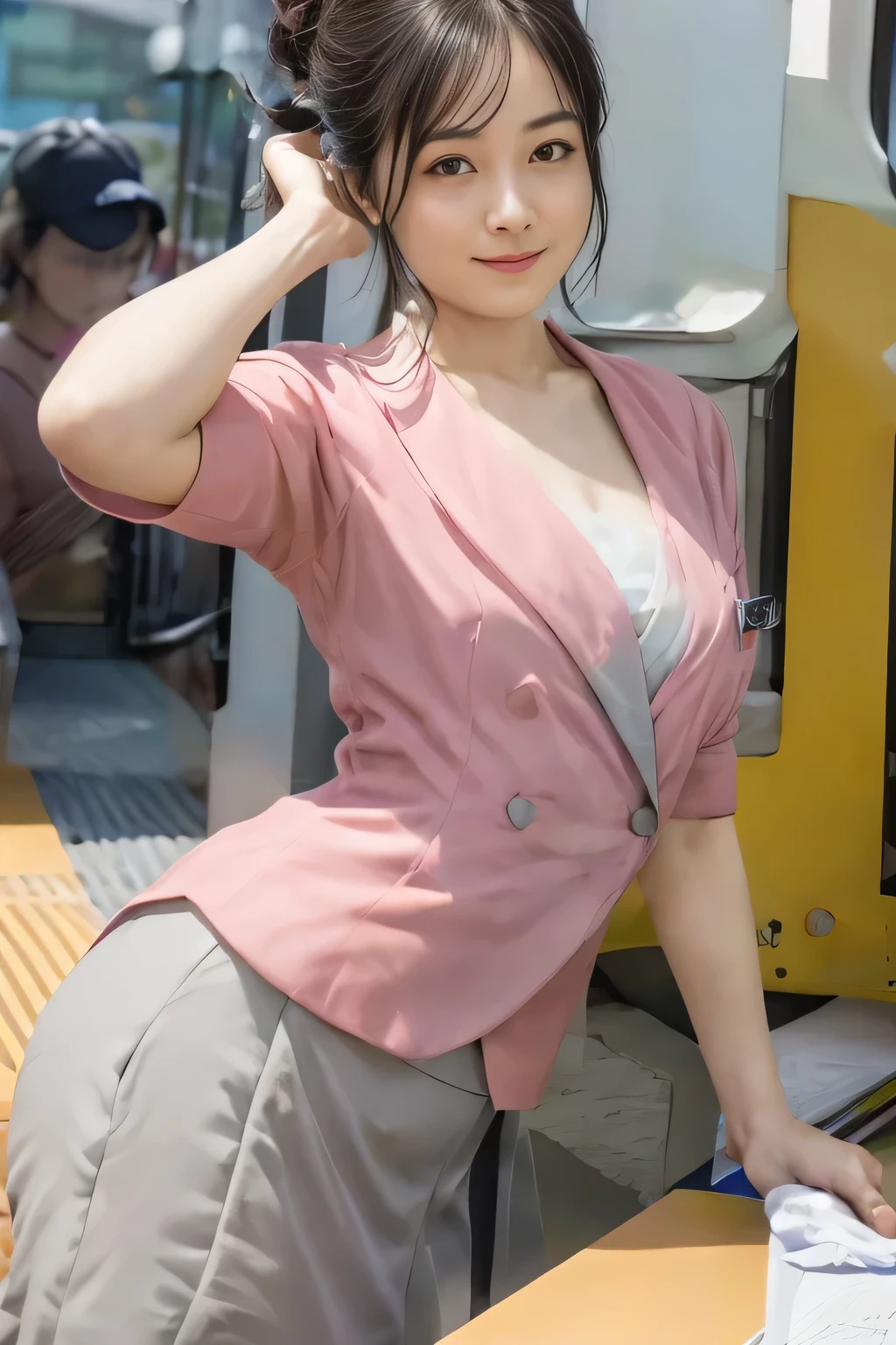 Showing your belly button、(masterpiece:1.2, Highest quality:1.2), 32k HDR, High resolution, (alone、1 girl)、 (Height: 160cm)、（On the rooftop of a building in the daytime、Professional Lighting）、Building rooftop background、（Nankai train crew uniform pinkを着たリアルスタイル）、（Nankai train crew uniform pink short sleeve collarless pink jacket、Nankai Train Crew Uniform Pink Collarless Short Sleeve Blouse、Nankai Train Crew Uniform Pink Grey Knee-length Culottes）、（The pink jacket is showing from the culottes.）、Dark brown hair、（Hair tied up、Hair tied up、Evening curly hairstyle）、Dark brown hair、Long Shot、Big Breasts、Thin legs、（（Great hands：2.0）），（（Harmonious body proportions：1.5）），（（Normal limbs：2.0）），（（Normal finger：2.0）），（（Delicate eyes：2.0）），（（Normal eyes：2.0））)、smile、（Nankai Train Crew Uniform Pink Grey Knee-length Culottesを見せた美しい歩く姿）、Place your hands around your stomach、Lanyard employee ID card