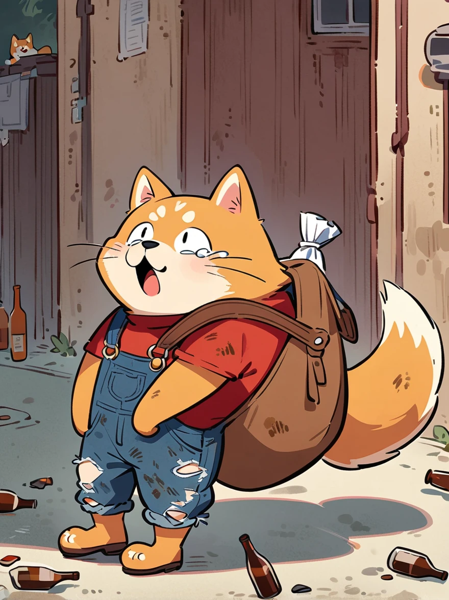 Cartoon illustration,simple,Depicts an anthropomorphic Shiba Inu,dirty,Dull eyes,listless,Discomfort,decadent,Exaggerated expression,Loose-fitting ripped denim overalls,Red Top,Shabby leather shoes,Carry a large bag,Walk on empty streets,There are lots of broken bottles around,dirty的环境,Correct human anatomy