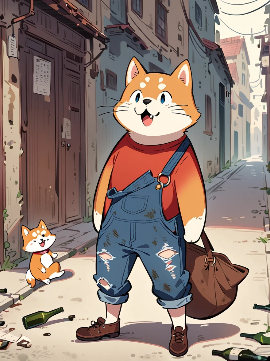 Cartoon illustration,simple,Depicts an anthropomorphic Shiba Inu,dirty,Dull eyes,listless,Discomfort,decadent,Exaggerated expression,Loose-fitting ripped denim overalls,Red Top,Shabby leather shoes,Carry a large bag,Walk on empty streets,There are lots of broken bottles around,dirty的环境,Correct human anatomy