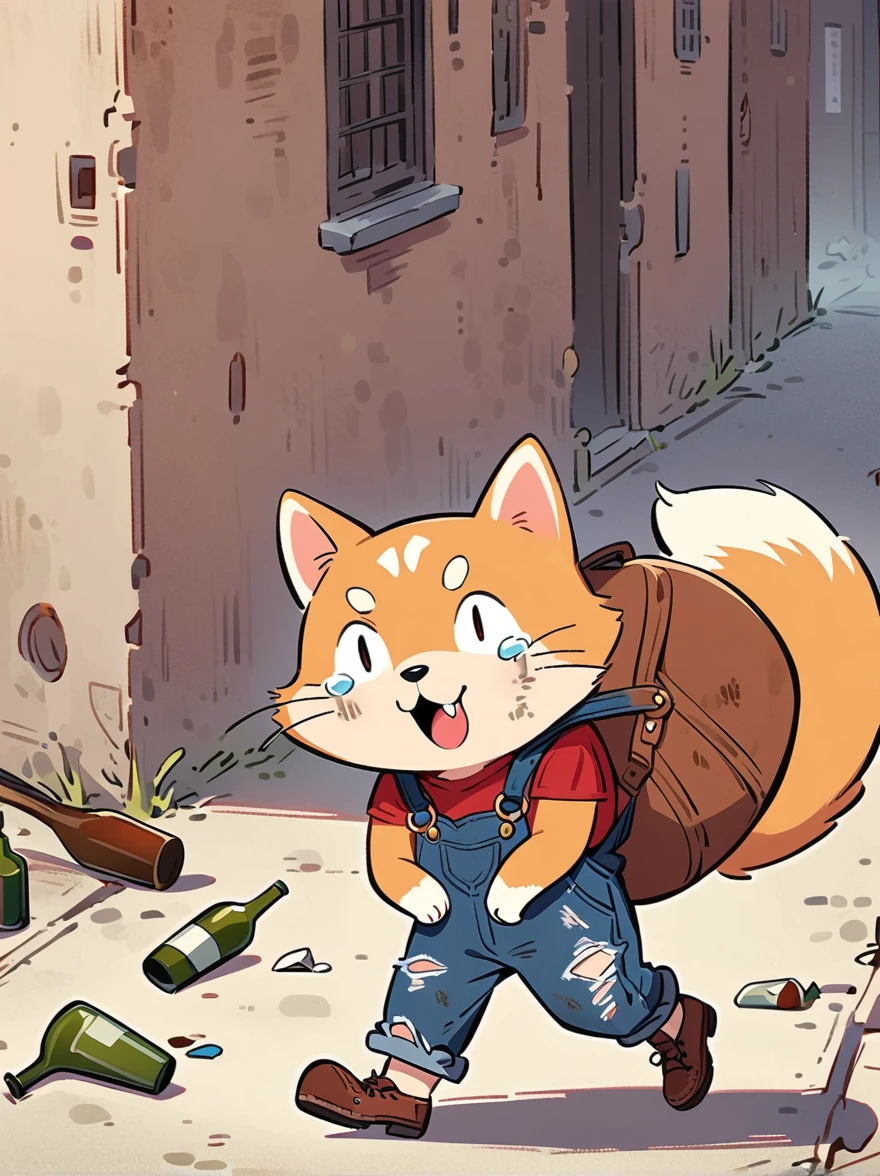 Cartoon illustration,simple,Depicts an anthropomorphic Shiba Inu,dirty,Dull eyes,listless,Discomfort,decadent,Exaggerated expression,Loose-fitting ripped denim overalls,Red Top,Shabby leather shoes,Carry a large bag,Walk on empty streets,There are lots of broken bottles around,dirty的环境,Correct human anatomy