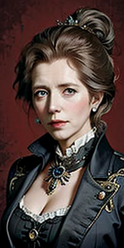 Margaret Thatcher in steampunk as a noblewoman, older gray hair, firm jaw, older woman, magical aura
