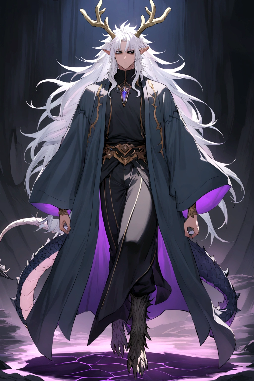 Solo, male , Character fusion: Nibelung fused with nidhoggr, odin and sun wukong, tall tanned man with wild unruly white hair, bangs on face, bangs, ((iridescent irises)), black sclera on eyes, long voluminous hair, spiky hair, pointy ears, fit , clawed fingers, dragon tail, open haori, turtleneck tanktop, dark crystal antlers, exhausted expression, khaenr'ah abyss, draconic person, calamity incarnate, full body