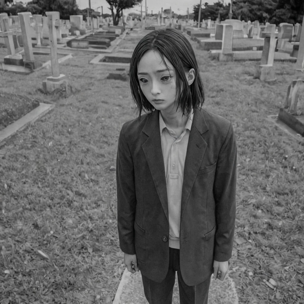 in a cemetery, scared, (anime), bizarre scenario, This is Junji, Yusuke Murata, black and white, 8K, anime, horror