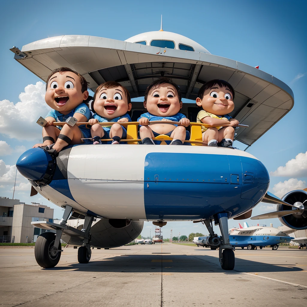 Create a cartoon image of a cute, fat plane flying in the sky with 8 cute cartoon characters sitting on it, including 1 character holding on to the plane&#39;s wings.