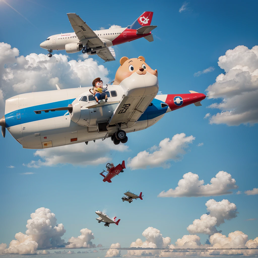 Create a cartoon image of a cute, fat plane flying in the sky with 8 cute cartoon characters sitting on it, including 1 character holding on to the plane's wings.