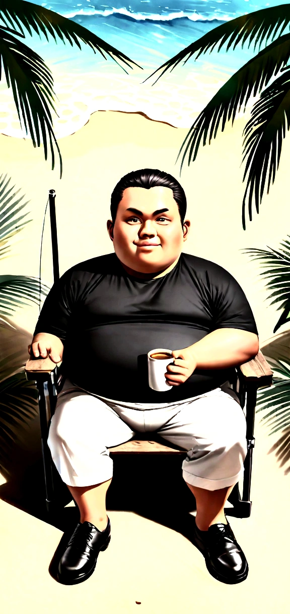 Realistic 4D caricature of a 20 year old Indonesian man with big head, slightly round but not oval face, fat body with slightly wavy/curly hair, very short haircut with a neat comb from left to right, thin forehead and wearing a black t-shirt covered with a beach shirt floral motif, white trousers and black shoes. Sitting in a camping chair looking cool while holding a cigar, on the table there is a cup of hot coffee and behind him is a fishing rod. beach and coconut plantation background. soft photography. light beams from above and left and right. Very high detailed image. full body focus
