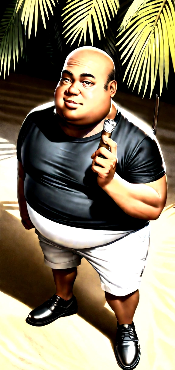 Realistic 4D caricature of a 20 year old Indonesian man with big head, slightly round but not oval face, fat body with slightly wavy/curly hair, very short haircut with a neat comb from left to right, thin forehead and wearing a black t-shirt covered with a beach shirt floral motif, white trousers and black shoes. Sitting in a camping chair looking cool while holding a cigar, on the table there is a cup of hot coffee and behind him is a fishing rod. beach and coconut plantation background. soft photography. light beams from above and left and right. Very high detailed image. full body focus