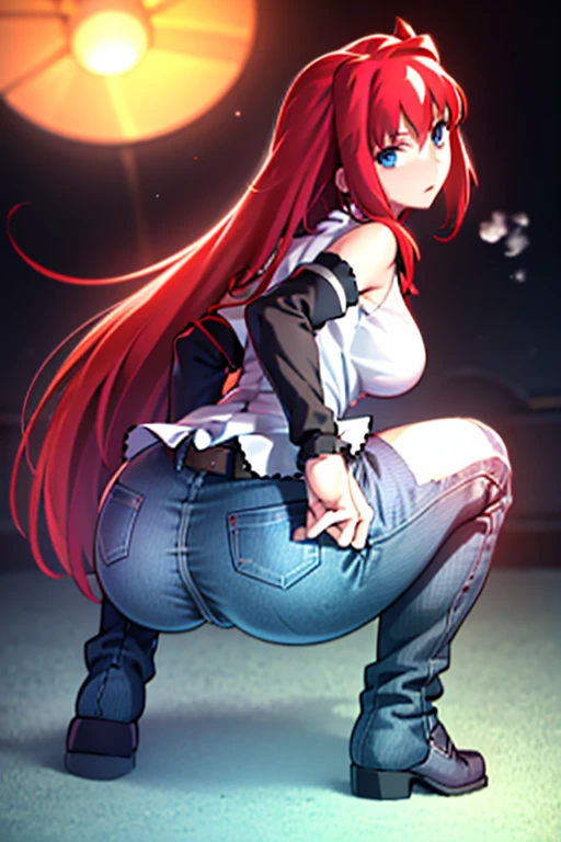 masterpiece, 最高masterpiece, High Resolution, One girl, pooping,   right hand, long hair, red hair, bare shoulders, sleeveless shirt, dress shirt, detached sleeves, black sleeves, zipper, navel, belt, jeans, Aozaki Aoko, farting, Ass, hyper Ass, huge Ass,  to the good,