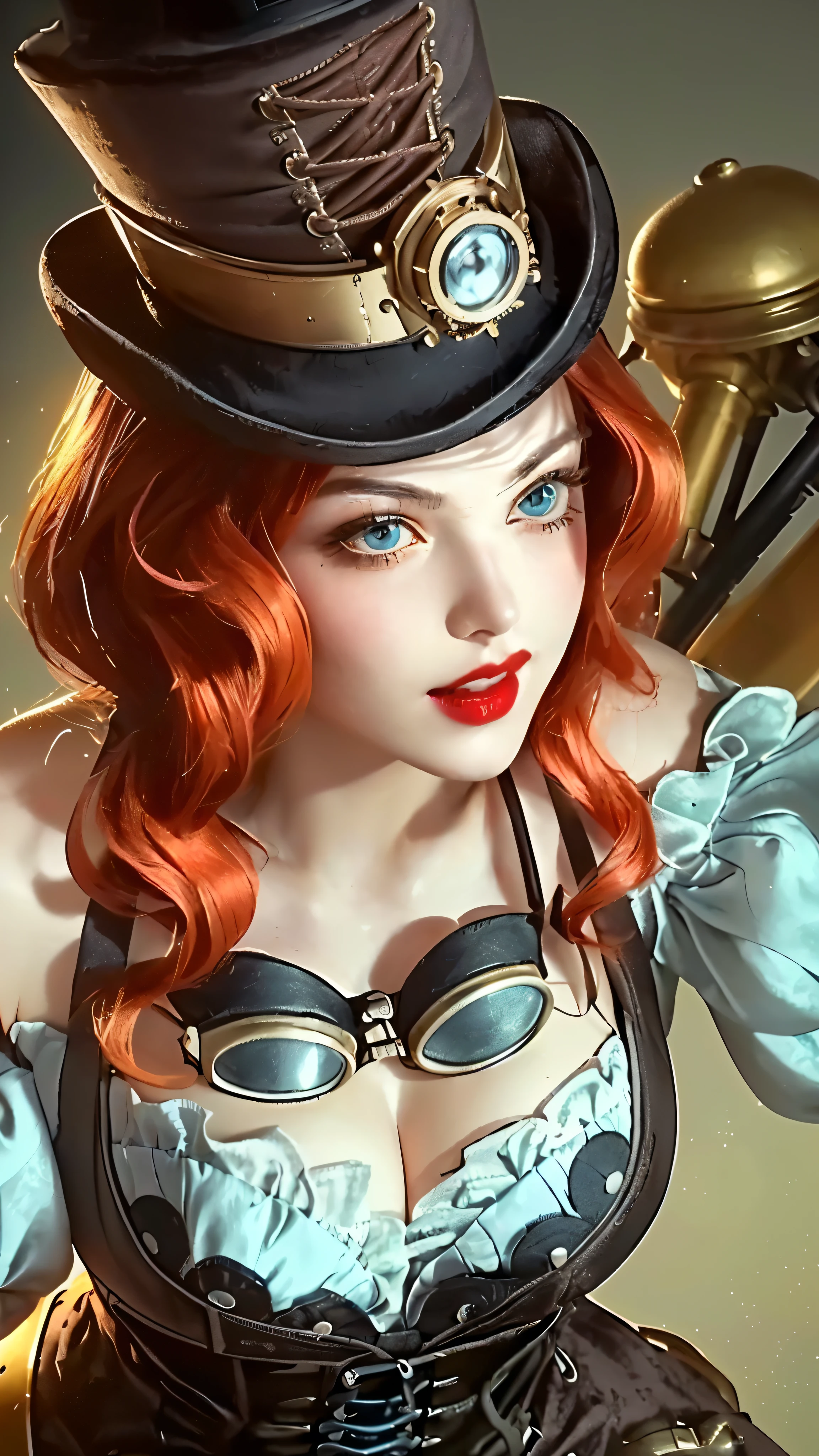 a close up portrait of a woman with a top hat and a cane, steampunk style, intricate details, highly detailed face, porcelain skin, beautiful eyes, long eyelashes, full red lips, victorian fashion, corset, lace, gears, mechanical elements, industrial background, warm lighting, dramatic shadows, cinematic, photorealistic, 8K, high resolution, concept art