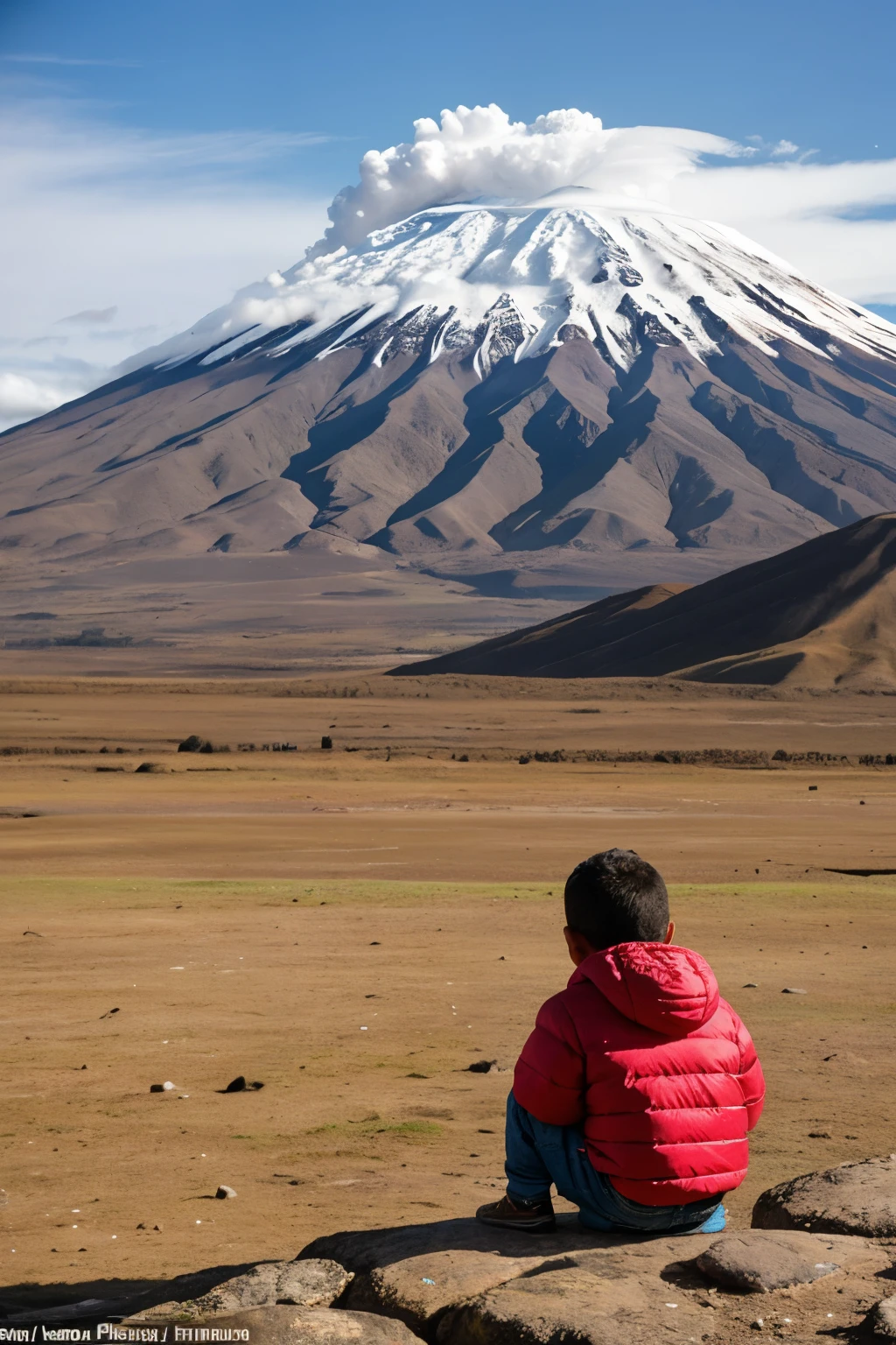 In the background, an indigenous people in poor situations with the Chimborazo volcano visible and in the center a 3- to 4-year-old indigenous who is depressed and with his family.