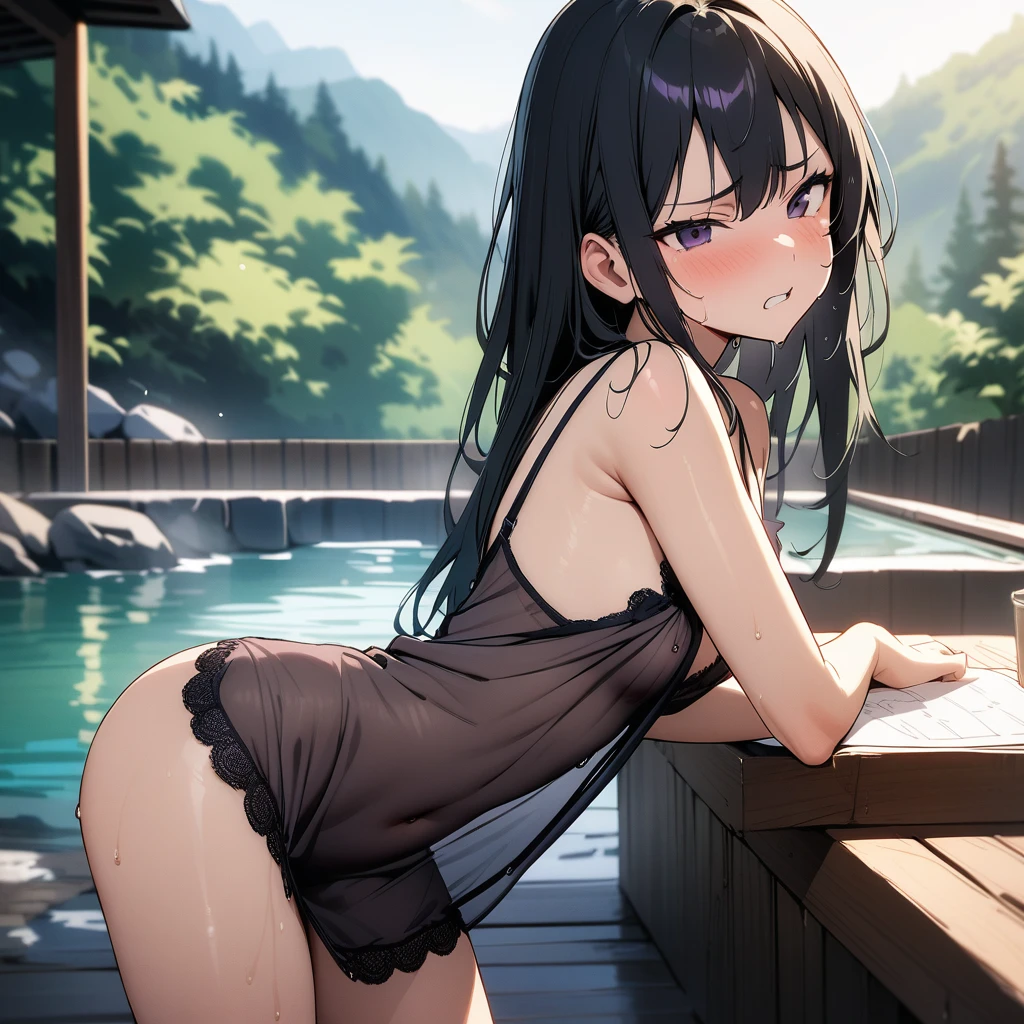 (masterpiece),(best quality),very aesthetic,(ultra-detailed),(illustration),nsfw,1girl,,slender,long hair,black hair,straight hair,disheveled hair,hair ribbon,detailed The upper half is green and the lower half is purple sexy see-through negligee with a pretty ribbon in center and lace accents,half undress,no panties,wet clothes,wet,dark blue alluring eyes,squinting eyes,annoyed,condescending look,enjoyable,happy,standing,leaning forward,hand on hip,looking to side,reading a Onsen analysis chart paper,a Onsen analysis chart paper on the wooden wall,onsen,outdoors,open air bath,daytime,Lascivious atmosphere,fantastic atmosphere,Sunlight shining,forest landscape,cowboy shot,from side