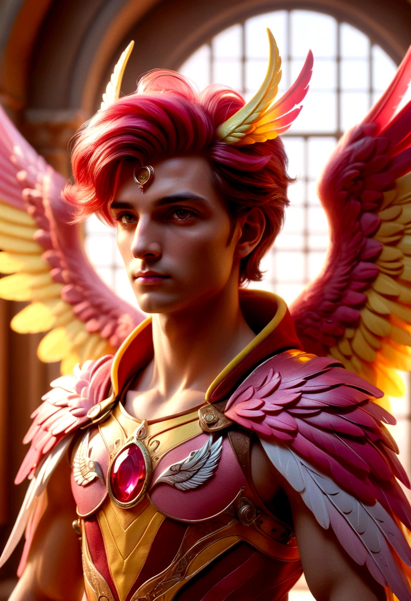 a handsome alicorn man with stunning red, pink and yellow angelic wings, high detailed fantasy portrait, masterpiece, cinematic lighting, dramatic composition, intricate details, digital art, octane render, hyperrealistic, photorealistic