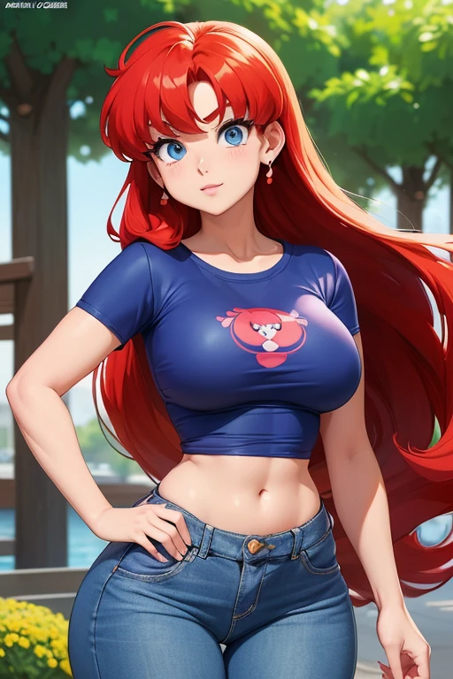 (ranma chan) (ranma saotome)(1solo)(1girl)((Solo)) ((Masterpiece)) ((High Quality)) (slim thick)((Perfect Face)) ((Huge Breasts)) ((Wide Hips)) ((Narrow Waist)) ((Beautiful)) ((Redhead)) ((Long Hair)) ((Light Skin)) ((Cute Nose)) ((BLue Eyes)) ((Young)) ((Transparent Tee Shirt)) ((Jeans))