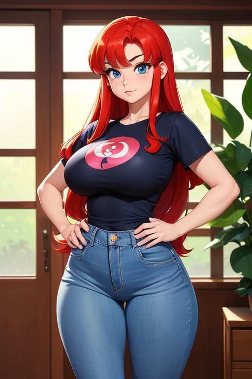 (ranma chan) (ranma saotome)(1solo)(1girl)((Solo)) ((Masterpiece)) ((High Quality)) (slim thick)((Perfect Face)) ((Huge Breasts)) ((Wide Hips)) ((Narrow Waist)) ((Beautiful)) ((Redhead)) ((Long Hair)) ((Light Skin)) ((Cute Nose)) ((BLue Eyes)) ((Young)) ((Transparent Tee Shirt)) ((Jeans))