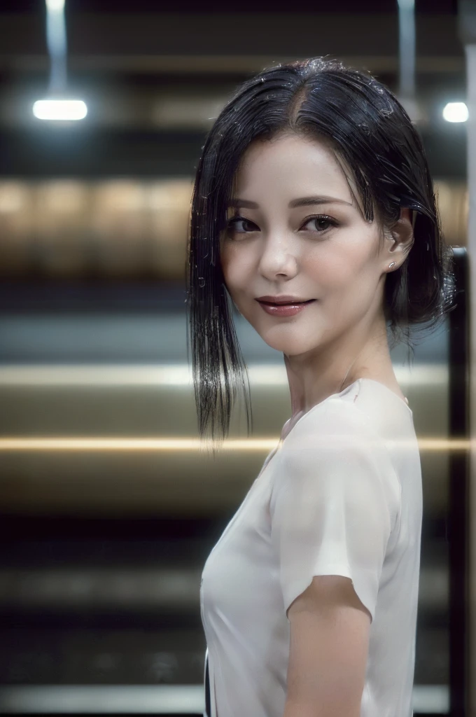 (((A very realistic, frontal, close-up, American shot of an actress taken by a professional photographer, very Seductive pose, 32k, 7 heads、looking at viewer, Staring Intently :1.5))),(A pure white, extremely thin fabric business short-sleeved open-neck shirt with a wide V-neck, Soaking wet:1.4)。((Highest quality)), ((masterpiece)), (((detailed))), (midnight ,A modern train station platform in Tokyo on a dark, pouring, stormy night, Low Key Lighting:1.6)、(((A very beautiful, extremely elegant and intelligent 39-year-old Japanese woman。Very intelligent, with a goddess-like face and figure。An extremely elegant, calm and modest smile, Being drunk、My eyes are quite watery、I'm very horny、embarrassed ,blush, Curvy Body、Extremely realistic, detailed and beautiful facial depiction:1.9)))、(((A short, well-groomed, shiny black haircut。The skin is white and very smooth。A very hot rainy summer night、I'm pretty sweaty、My clothes were soaking wet and transparent、When wet, it sticks perfectly to your skin, revealing your beautiful body lines.、Through the extremely thin fabric, her skin and her navy blue, lacy, high-end underwear are clearly visible.:1.9)))。(((A simple and elegant business pencil skirt in a plain navy blue knee-length,The clothes fit the body very well:1.8))), (Healthy Body、The line of the chest, collarbone and décolletage are extremely beautiful.:1.9)。She is looking straight at the camera with a very shy look on her face.。Light makeup and no piercings,A simple and modest pearl necklace、(((large hips、large&nice chests )))