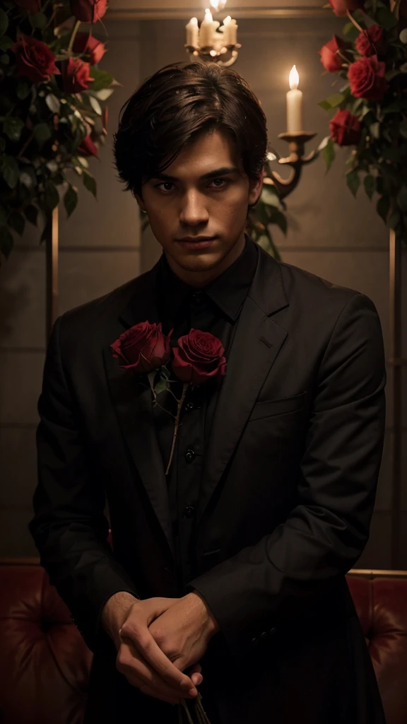 A handsome king devil young man, add roses and thorns, make it dark theme