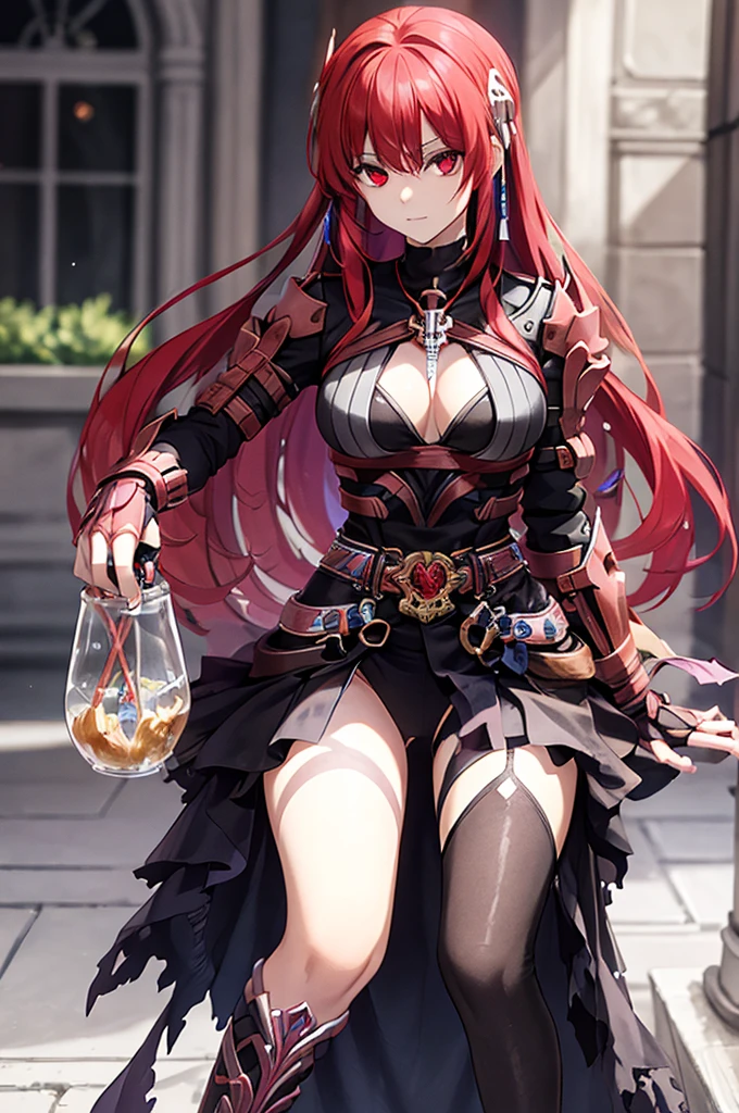 score_9, score_8_up, score_7_up, score_6_up, score_5_up, score_4_up, source_アニメ, tomboy girl, long hair, Bust Cup B , open-chest outfit, Guillotine Cross Set, breastplate, waist armor, Armor, red hair, metal hair accessories, red eyes, Sparkling eyes, sit, His right hand holds a vial of Potions. , Potions glass bottle, skull shape, clear glass, crystal Potions, clear red, light particles, Magical light