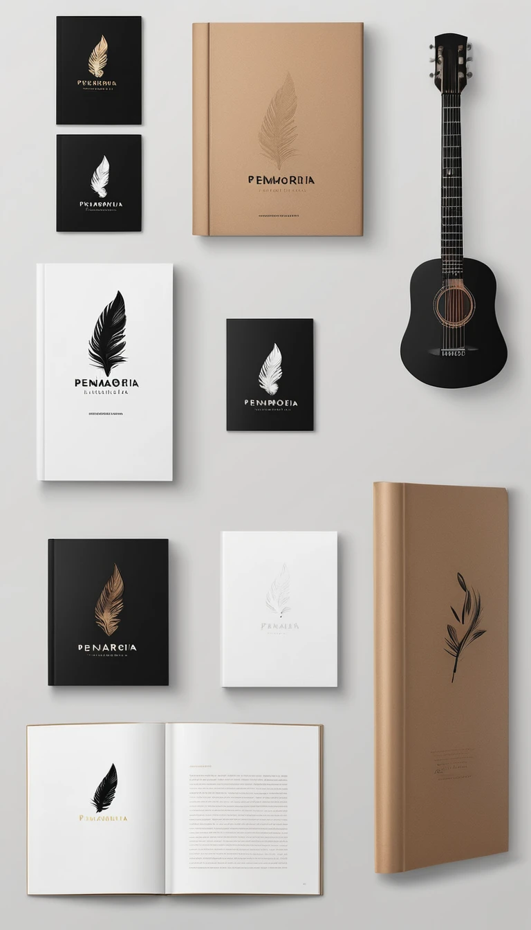 A minimal, modern, simple, cinematic logotype for the brand “Penamemoria". The logotype must be a simple, magical feather and a boy playing acoustic guitar. The logo must convey a sense of music, stories and dreams. Logo design impressed on a book cover. Minimalistic logo
