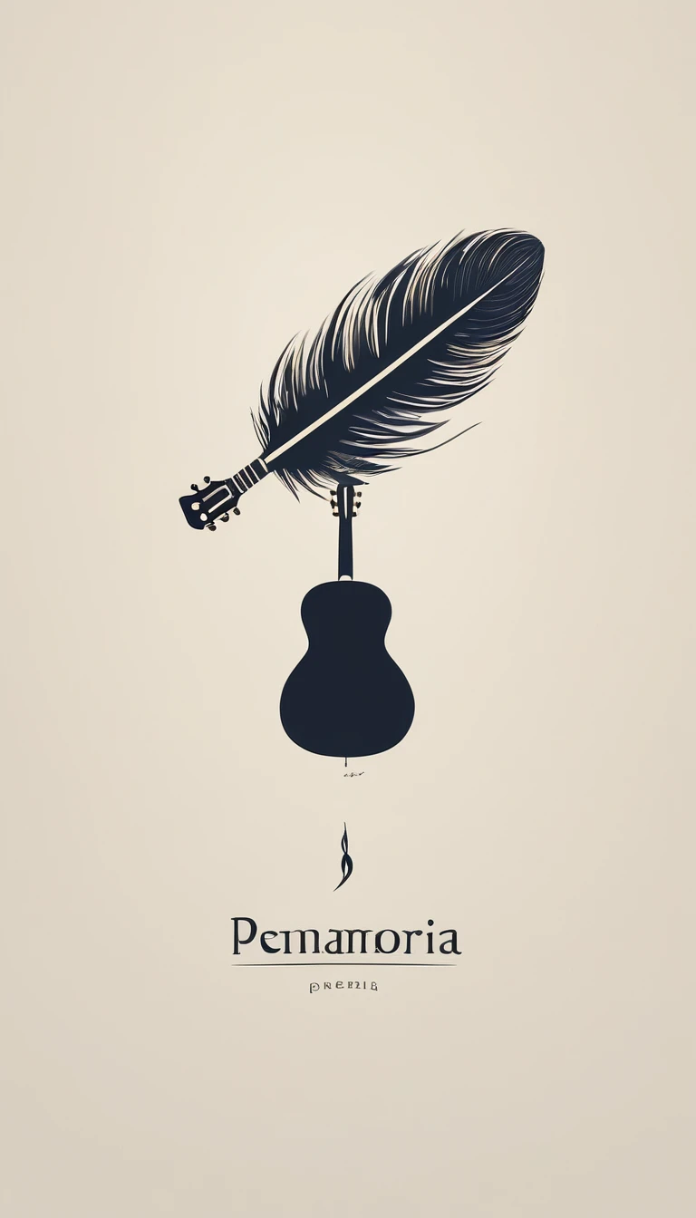 A minimal, modern, simple, cinematic logotype for the brand “Penamemoria". The logotype must be a simple, magical feather and a boy playing acoustic guitar. The logo must convey a sense of music, stories and dreams. Logo design impressed on a book cover. Minimalistic logo
