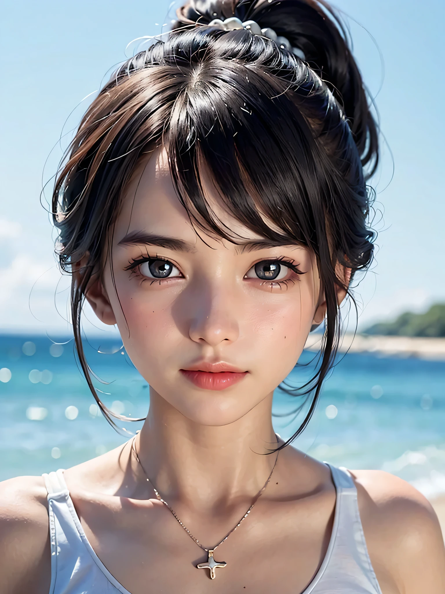 One Girl,(1人のとてもcute女の子:1.3),masterpiece,Highest quality,High resolution,Photorealistic,RAW Photos,Ray Tracing,beautiful girl,(:1.3),cute,Big eyes,(detailed pupils:1.2),(The face is facing straight ahead:1.3),Body facing forward,Beautiful nose,Fuller lips,Short black hair,ponytail,short hair,Detailed eyelashes,Thin eyebrows,Very fine grain definition,(Symmetrical eyes:1.3),(Face close-up,Face Focus:1.0),Small breasts,Short neck,White swimsuit,White Bikini,The background is the sea,Southern Island,Blue sky,White cloud,Portrait,View Viewer,Upper Body,Cinema Lighting,High resolution,Very detailed