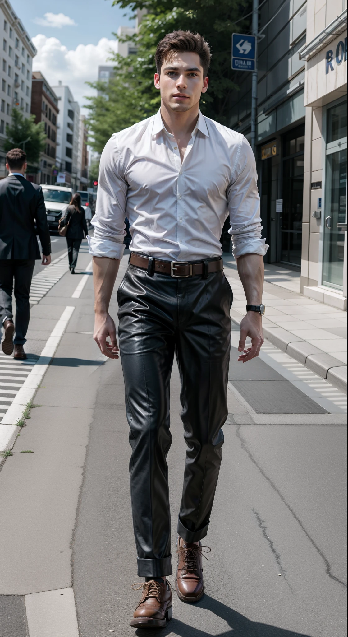 High resolution image of a just muscular man, white-skinned, showing full body, flat hair, muscular arms, wearing white dress shirt, wearing blue long pants, in muscular body, wearing brown leather shoes with buckles, wearing silver Rolex watch, wearing brown leather belt, walking down a deserted street with blurred background, With Sun, holding men's briefcase, looking at camera, perfect italian style face, fine nose, squared chin, barba, pink mouth lips, cloused mouth, well-defined eyes with blue iris, muscular legs, 8K ultra resolution.