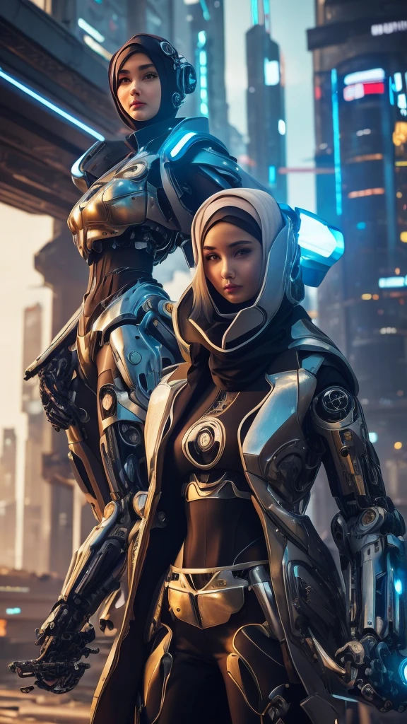 beautiful girl in futuristic hijab and jacket standing next to brutal giant mecha cyborg, artwork in the style of guweiz, cyberpunk beautiful girl mech, trending on cgstation,guweiz, by Russell Dongjun Lu, digital cyberpunk art, rosstran 8 k, guweiz on artstation pixiv, girl in mecha cyber armor, far view, hyperrealistic