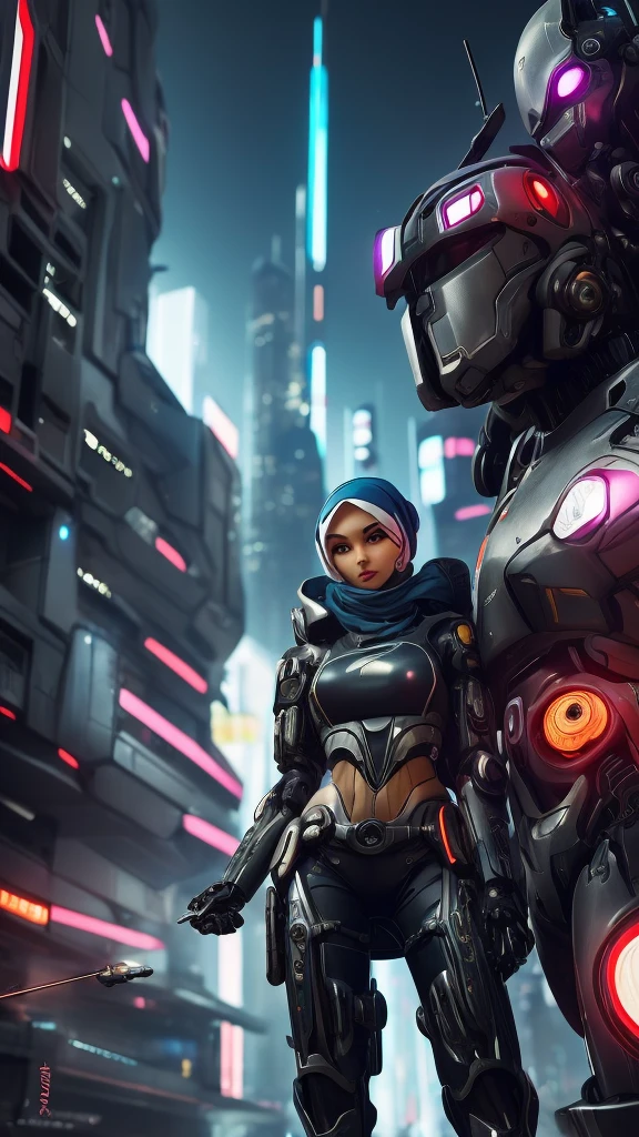 beautiful girl in futuristic hijab and jacket standing next to brutal giant mecha cyborg, artwork in the style of guweiz, cyberpunk beautiful girl mech, trending on cgstation,guweiz, by Russell Dongjun Lu, digital cyberpunk art, rosstran 8 k, guweiz on artstation pixiv, girl in mecha cyber armor, far view, hyperrealistic