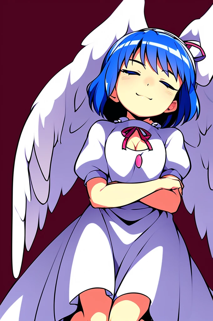 masterpiece, best quality, 1girl, , , 10 years old, medium blue hair, hair flaps, pink ribbon on head, well-formed face, blue eyes, angel girl, white blouse, puffy short sleeves, red ribbon, angel wings, long white skirt, red shoes, frills, ribbon head, from behind, to lift up one’s skirt, cowboy shot, from front, standing , raise one leg, crossed arms, arms up behind, arms behind back, hand between legs, put hands hip, one hand on hip, forward hands, arms raised in the air, punch hands, peace sign, waving, put up index finger, sit, lie down, closed eyes, lie face down, looking back, put one hand chest, leaning forward, cleavage, close up, horizontally outstretched arms, horizontally outstretched legs, front view, front face