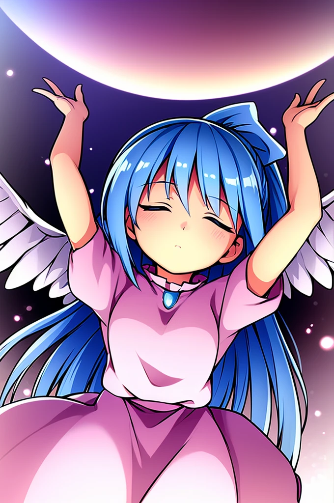 masterpiece, best quality, 1girl, , , 10 years old, medium blue hair, hair flaps, pink ribbon on head, well-formed face, blue eyes, angel girl, white blouse, puffy short sleeves, red ribbon, angel wings, long white skirt, red shoes, frills, ribbon head, from behind, to lift up one’s skirt, cowboy shot, from front, standing , raise one leg, crossed arms, arms up behind, arms behind back, hand between legs, put hands hip, one hand on hip, forward hands, arms raised in the air, punch hands, peace sign, waving, put up index finger, sit, lie down, closed eyes, lie face down, looking back, put one hand chest, leaning forward, cleavage, close up, horizontally outstretched arms, horizontally outstretched legs, front view, front face