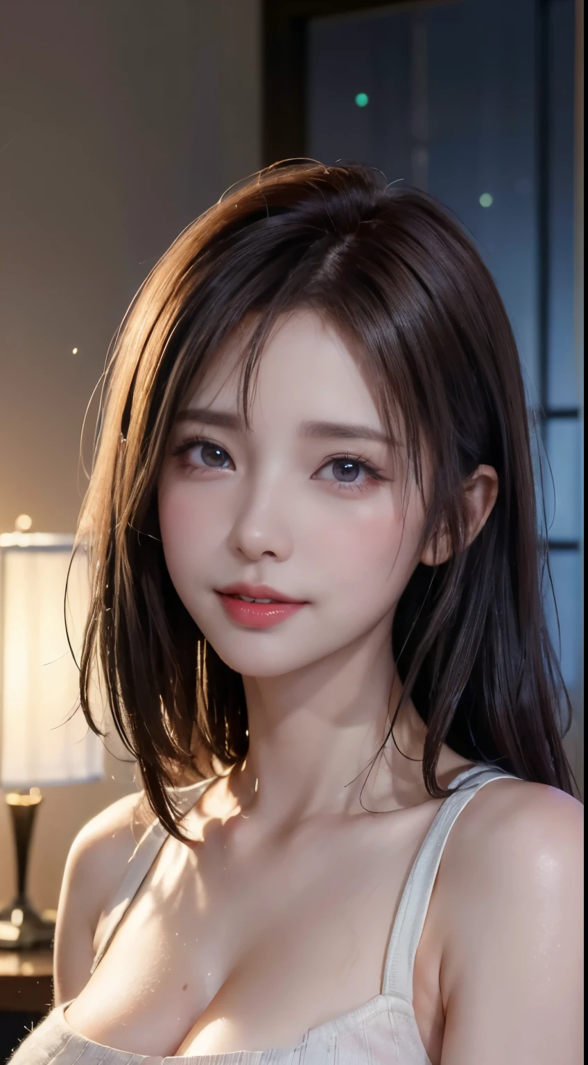 (logo, masterpiece, 8K, Tabletop, RAW Photos, wonderful, 最high quality, Photorealistic and very detailed CG composite 8k wallpaper, high quality, Very detailed, Narrative poem, Particle Effects, Dynamic Effects, Depth of the Boundary, Cinematic Light, Lens flare, Ray Tracing), short hair beautiful young woman, Hair tied back, high detail skin, very fine, fine skin texture, beautiful face, realistic eyes, beautifully detailed eyes, realistic skin, beautiful skin, surreal, smiling eyes, Hair and light eyes, Vibrant, Colorful lights and bokeh. The lighting casts a warm glow on her face and hair, Blue glow, Water surface reflection, Creates a dreamy and magical atmosphere, Big Breasts, Brown Hair, short hair, plump lower lip, pink blush on the cheeks , pink lips, brown tight no-shoulder knit sweater